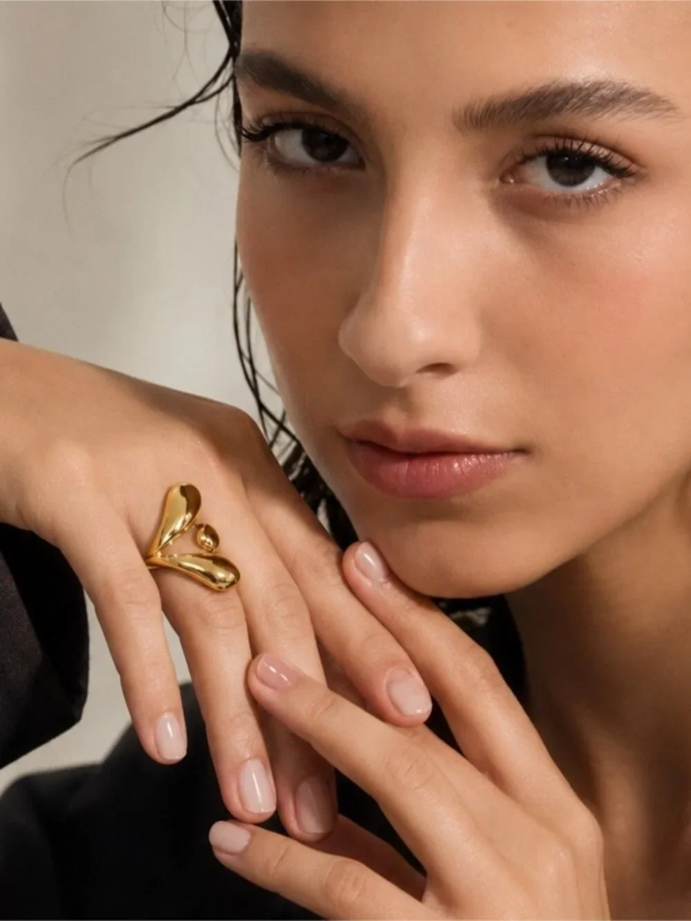 Zara Polished Gold color Sculptural Double-Drop Ring